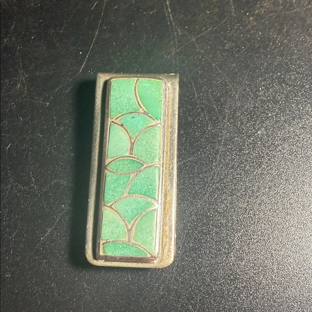 handmade Zuni sterling silver money clip with inlaid turquoise.